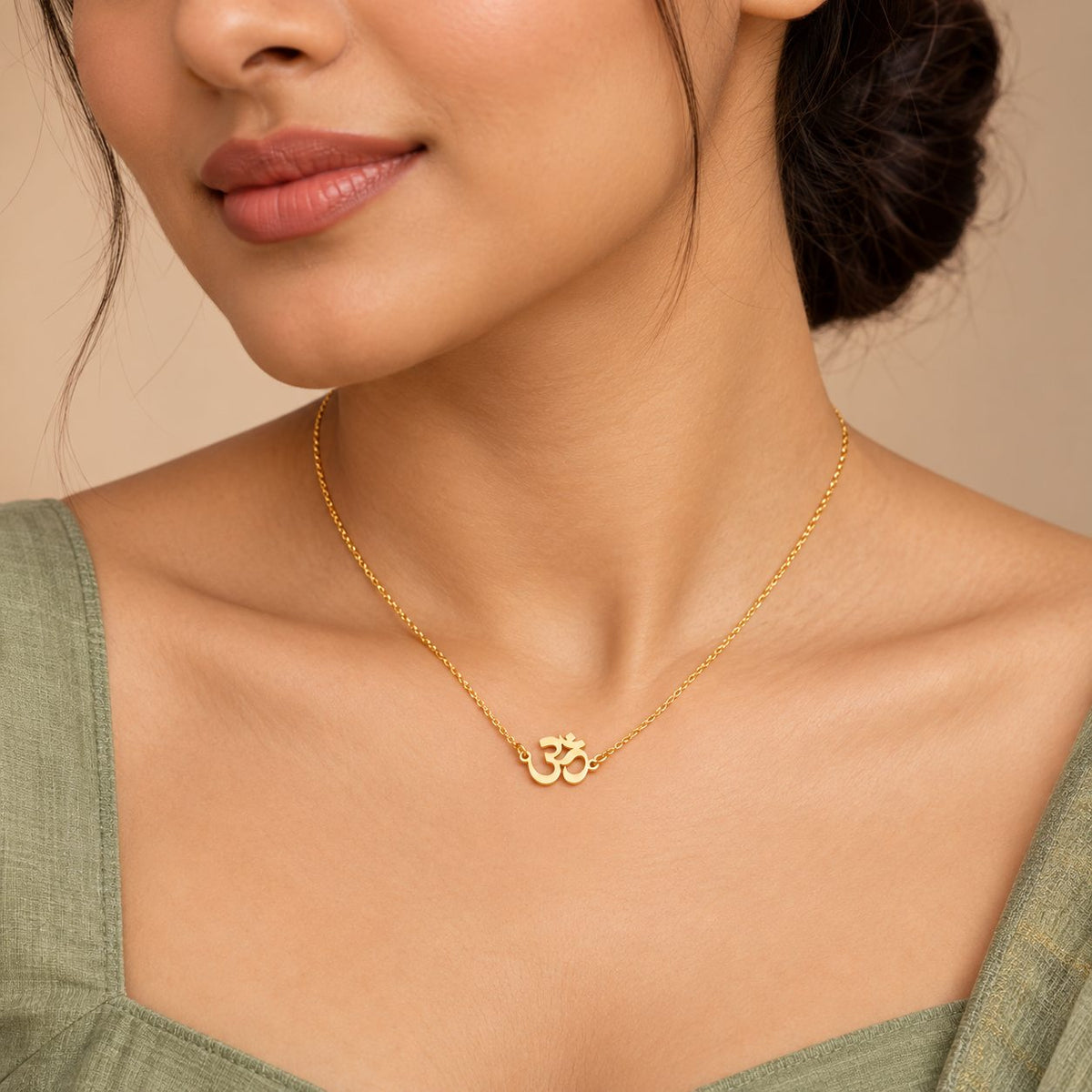 Petite Golden Om Necklace - Model