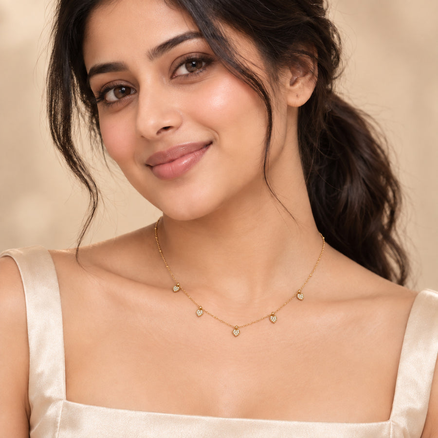 Petite Pave Heart Station Necklace worn by model