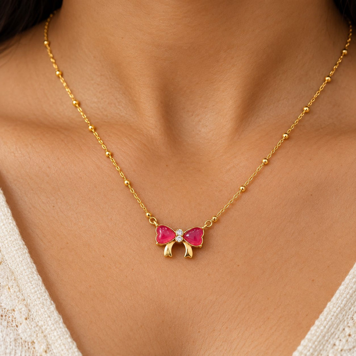 Pink Heart Bow Necklace - Macro