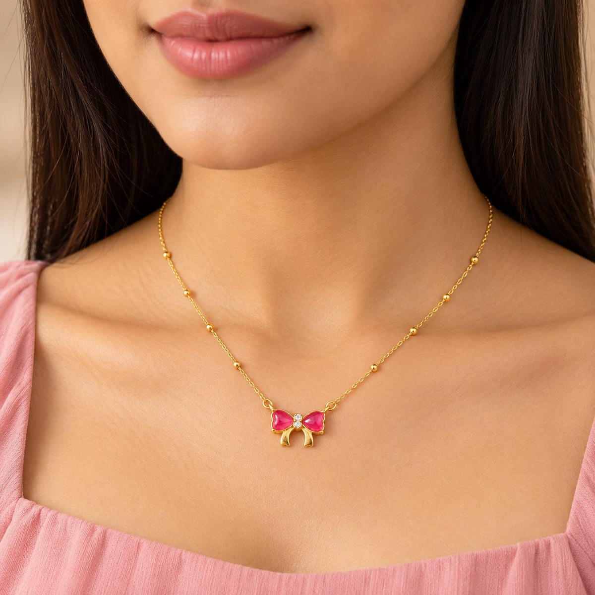 Pink Heart Bow Necklace - Model