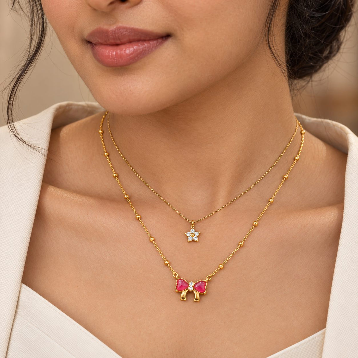 Pink Heart Bow Necklace - Stacking