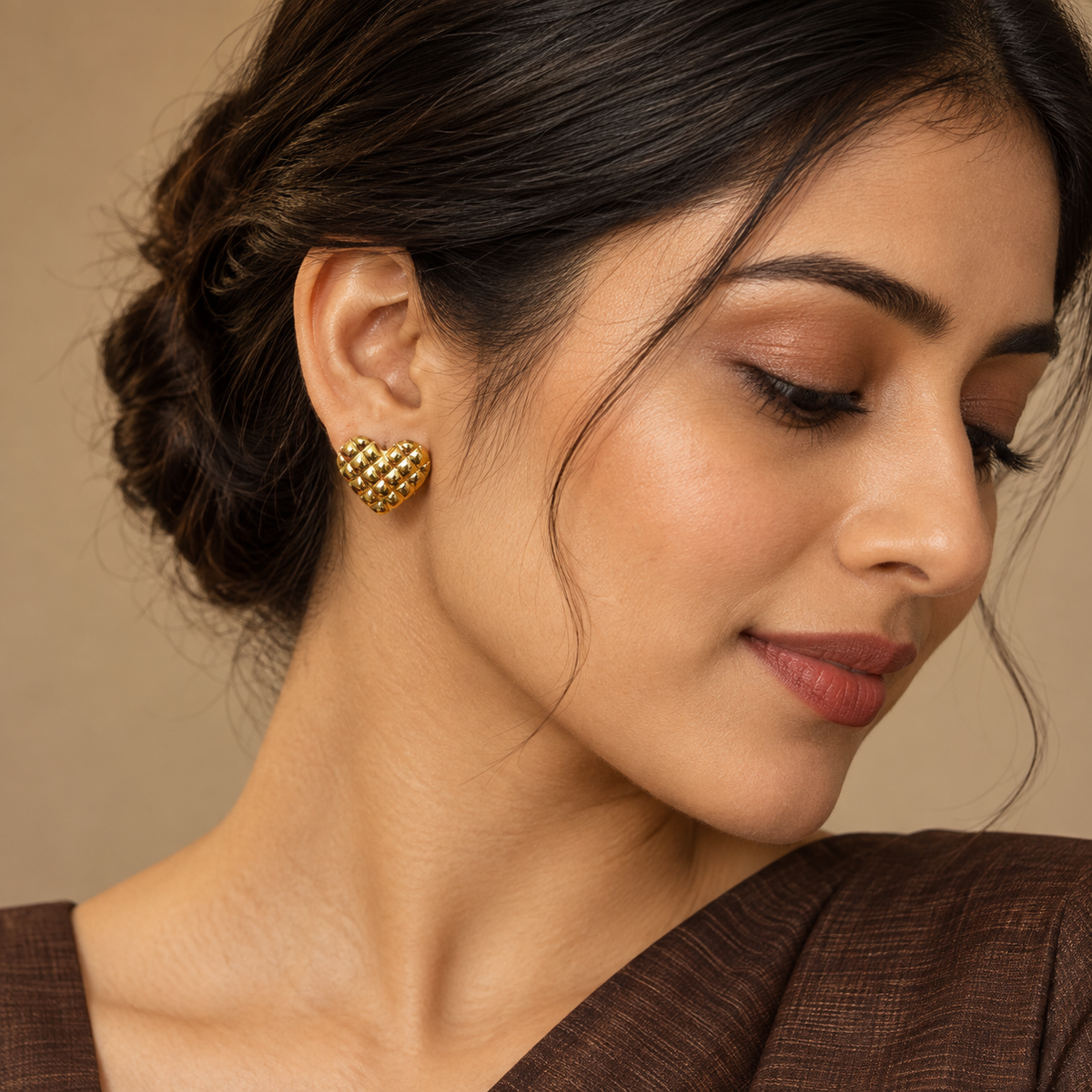 Quilted Heart Stud Earrings - Model