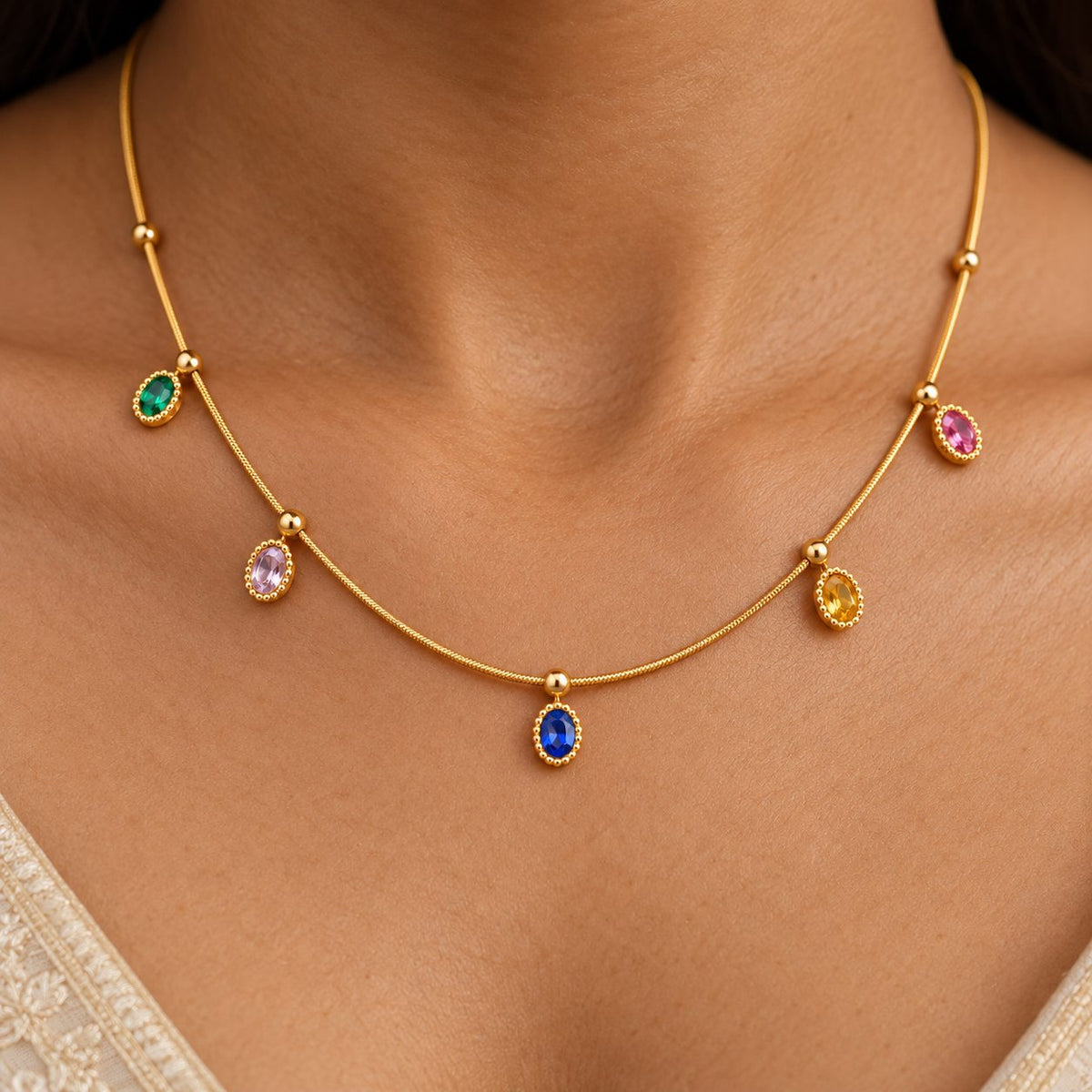 Rainbow Oval Charm Necklace - Macro