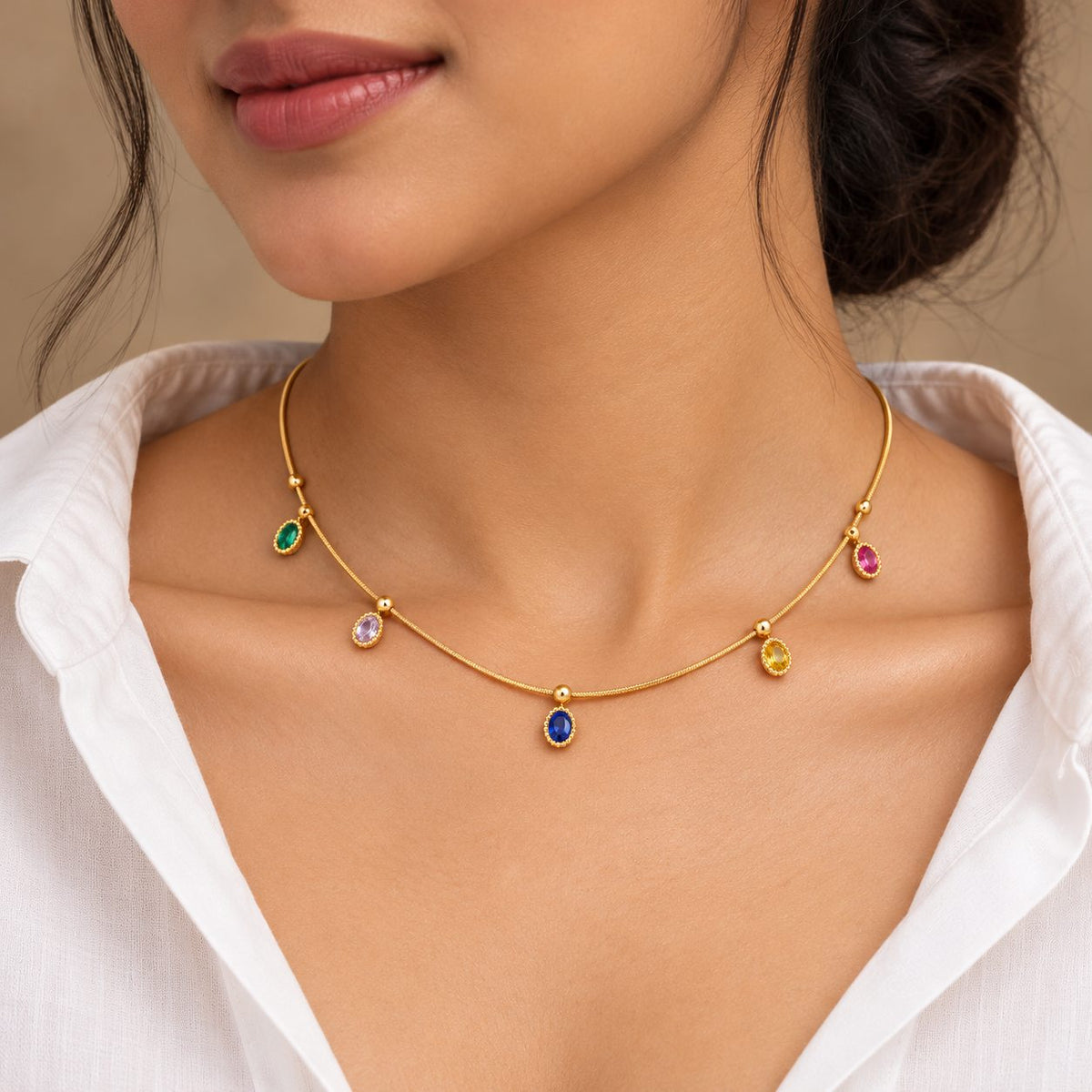 Rainbow Oval Charm Necklace - Model