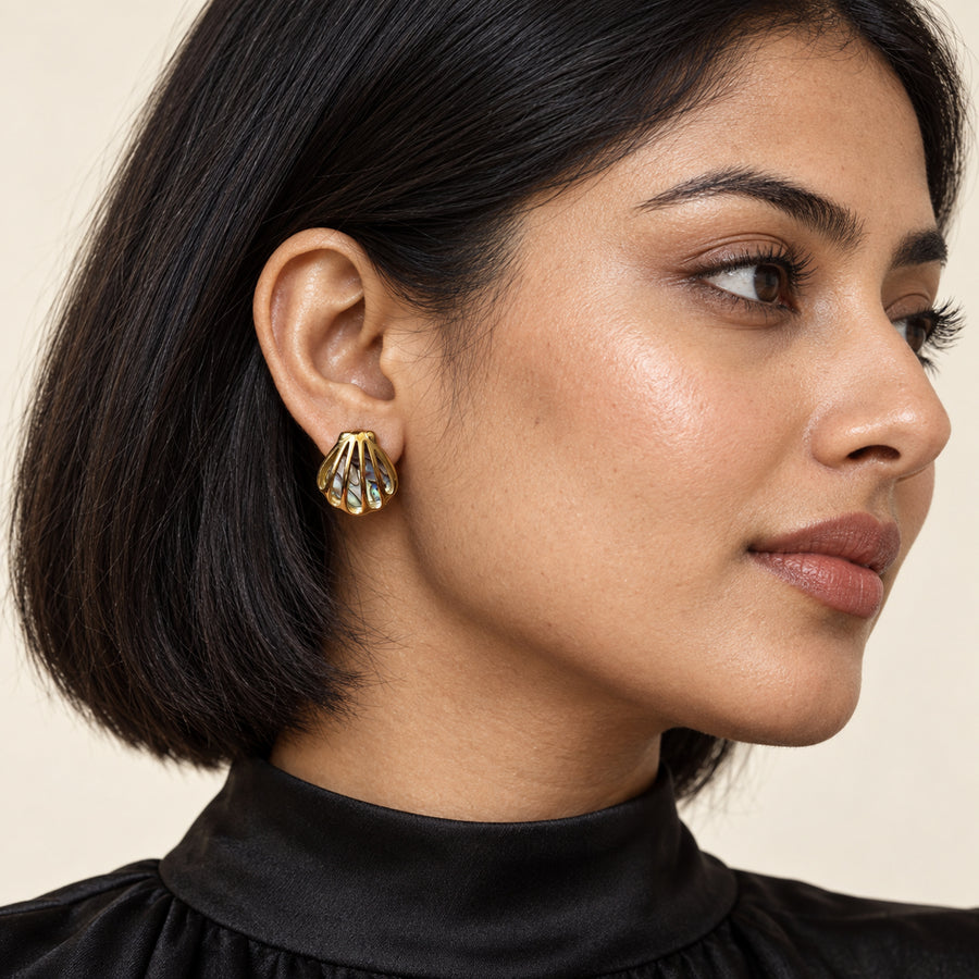 Ribbed Shell Stud Earrings model view