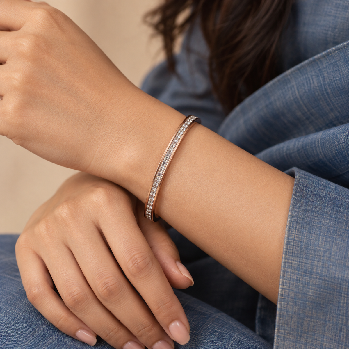Rose Gold Crystal Line Bangle - Model