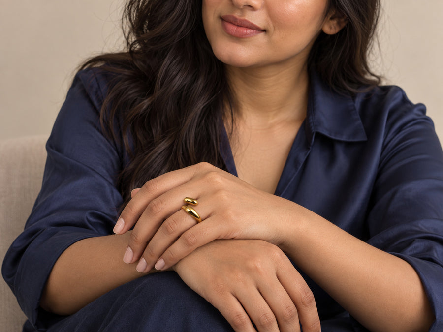 Sculpted Teardrop Bypass Ring worn by model