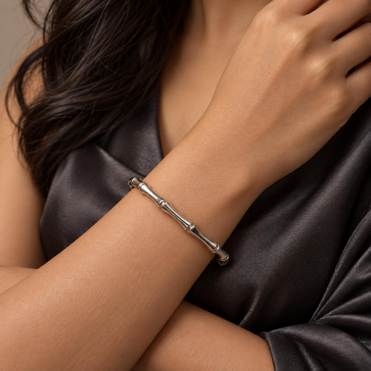 Silver Bamboo Cuff Bracelet - Model