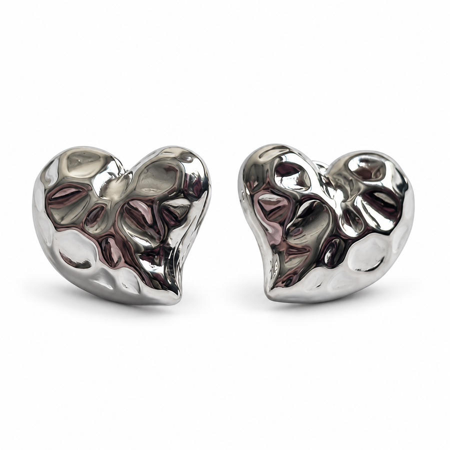 Silver Molten Heart Stud Earrings - Main
