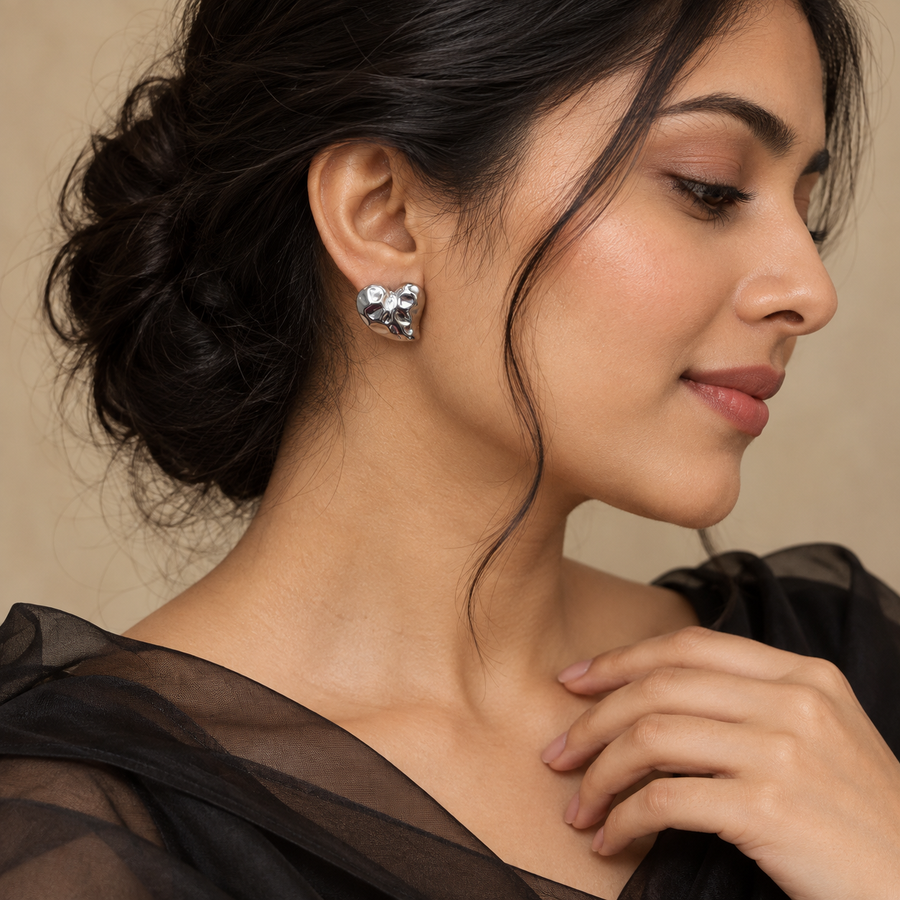 Silver Molten Heart Stud Earrings - Model