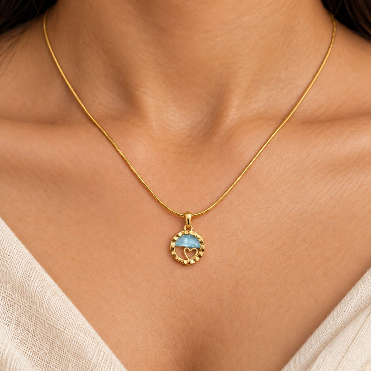 Sky Blue Heart Medallion Necklace - Macro