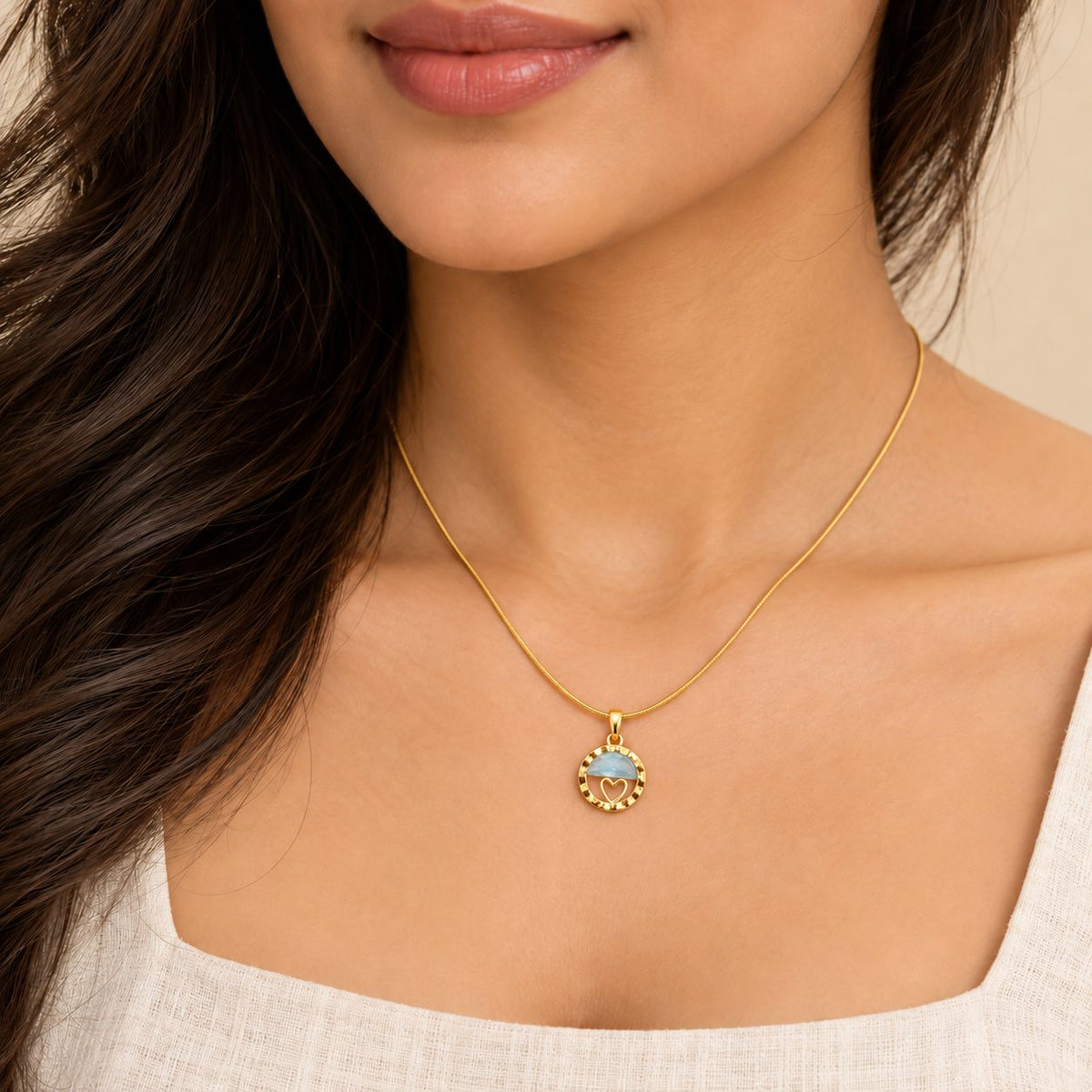 Sky Blue Heart Medallion Necklace - Model