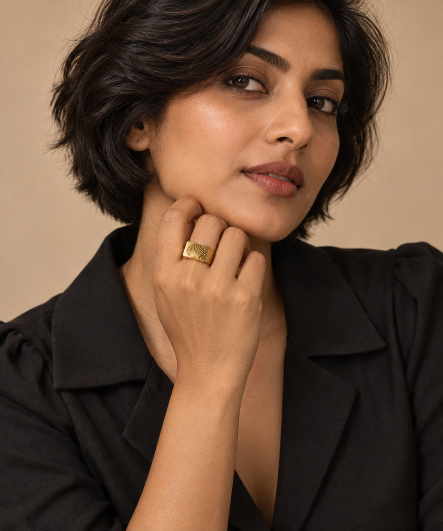 Sunburst Signet Ring worn by model