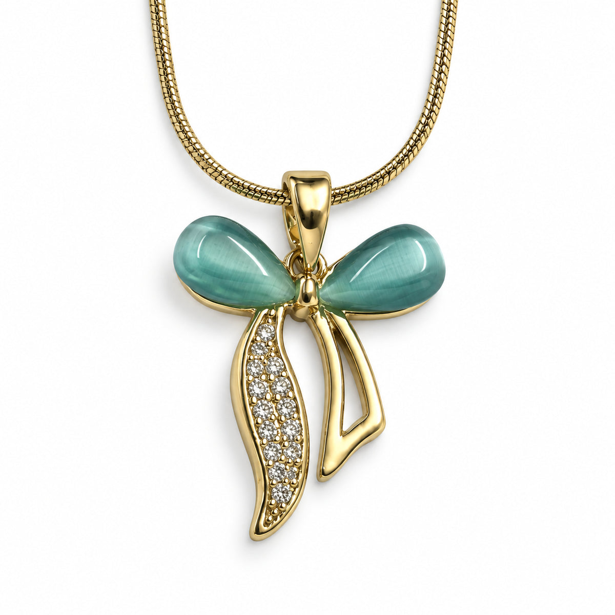Teal Crystal Bow Pendant Necklace detail view