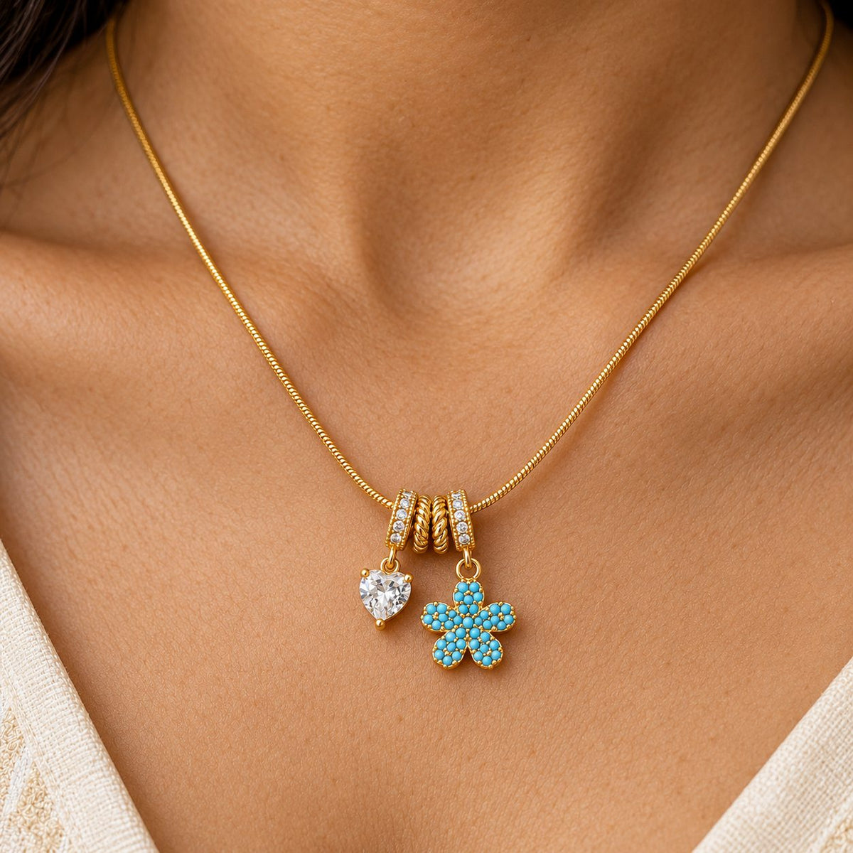 Turquoise Blossom and Crystal Heart Necklace - Macro