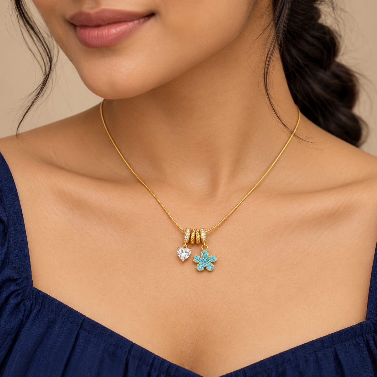 Turquoise Blossom and Crystal Heart Necklace - Model
