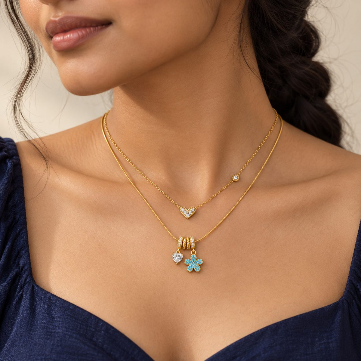 Turquoise Blossom and Crystal Heart Necklace - Stacking