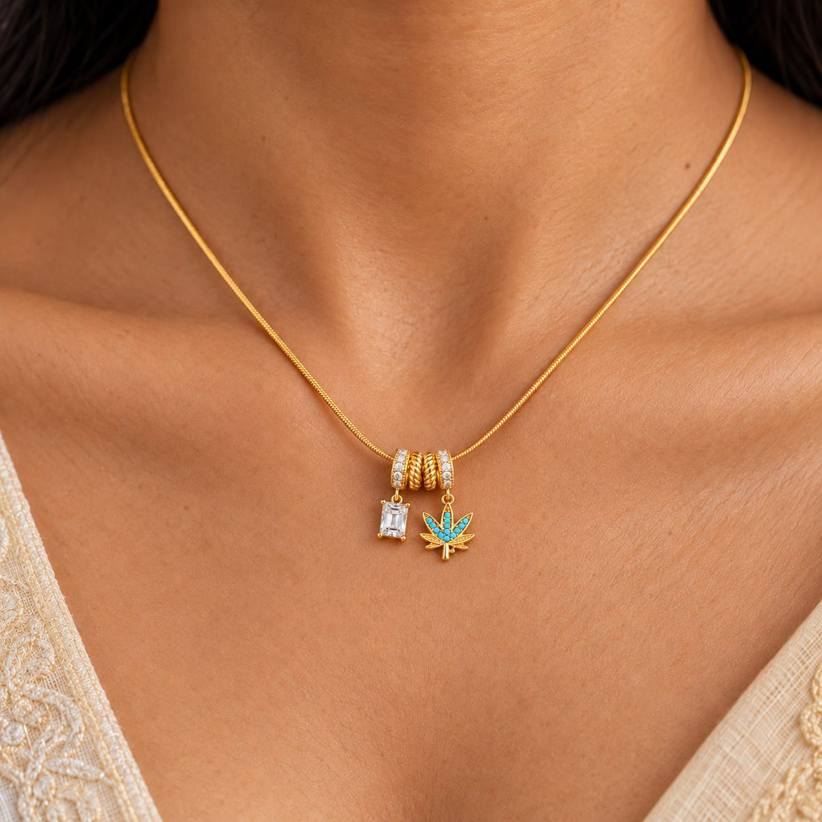 Turquoise Leaf and Crystal Charm Necklace - Macro
