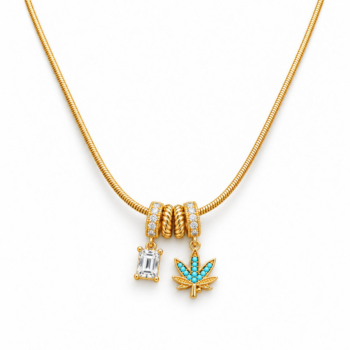 Turquoise Leaf and Crystal Charm Necklace - Main