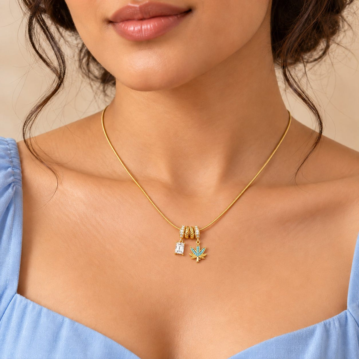 Turquoise Leaf and Crystal Charm Necklace - Model