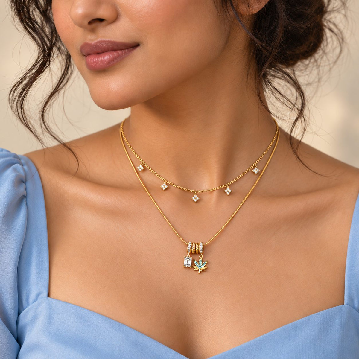 Turquoise Leaf and Crystal Charm Necklace - Stacking