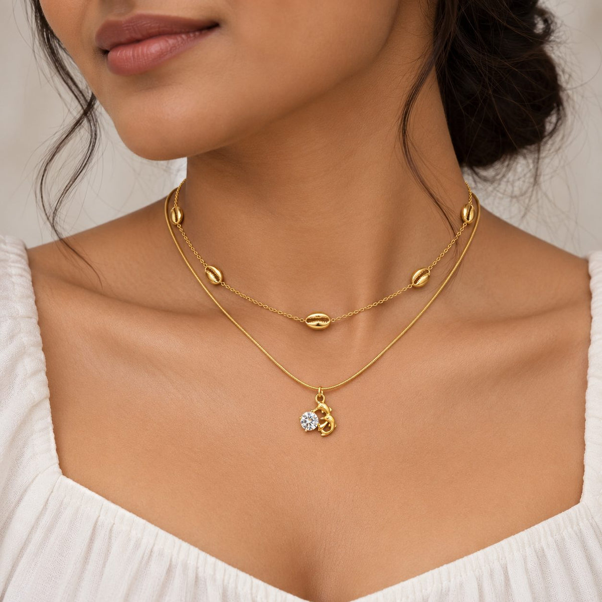 Twin Dolphin Crystal Necklace - Stacking