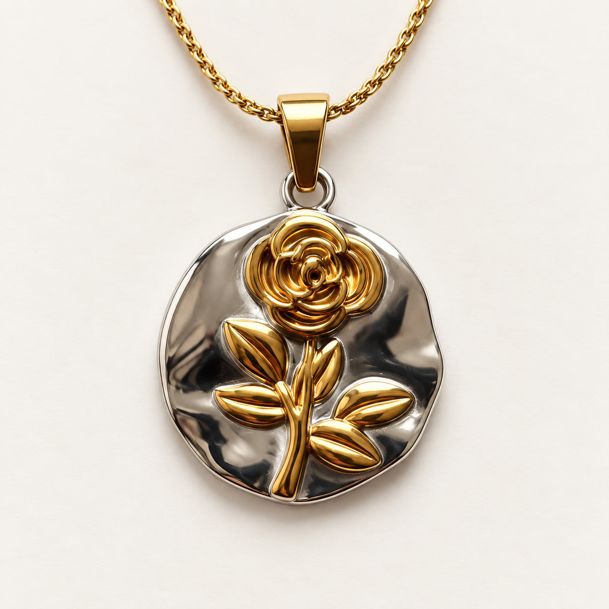 Two Tone Rose Medallion Necklace detail view