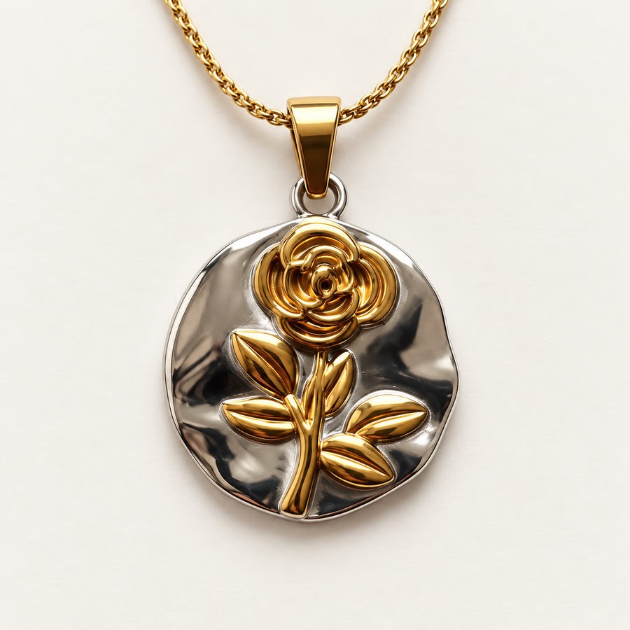 Two Tone Rose Medallion Necklace detail view