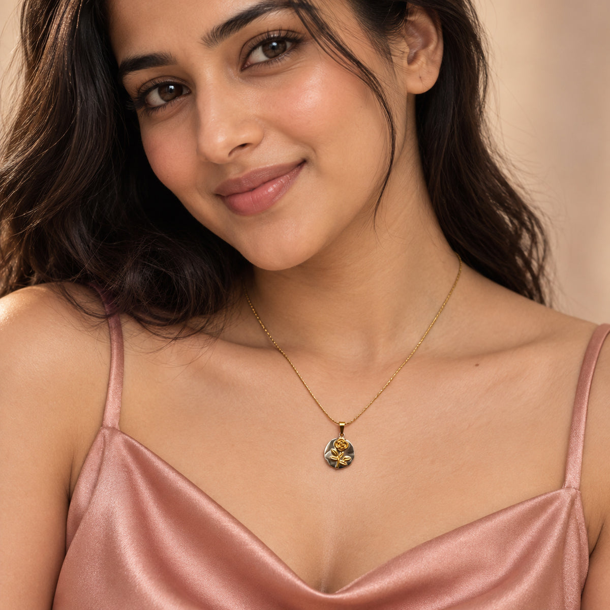 Two Tone Rose Medallion Necklace worn by model