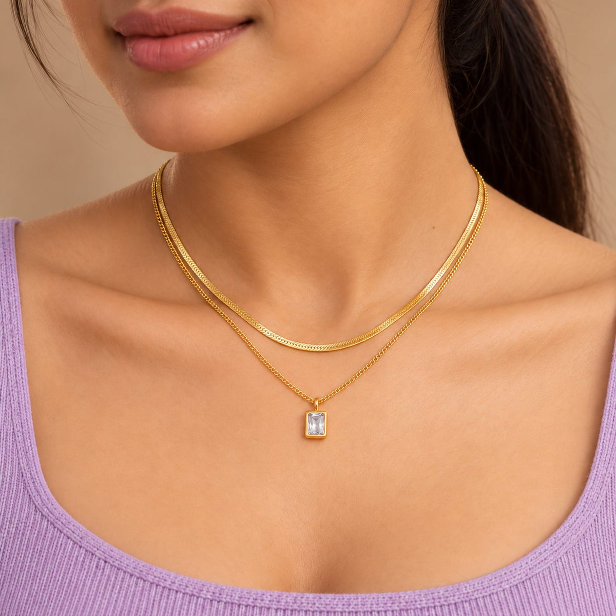 White Crystal Layered Necklace - Model