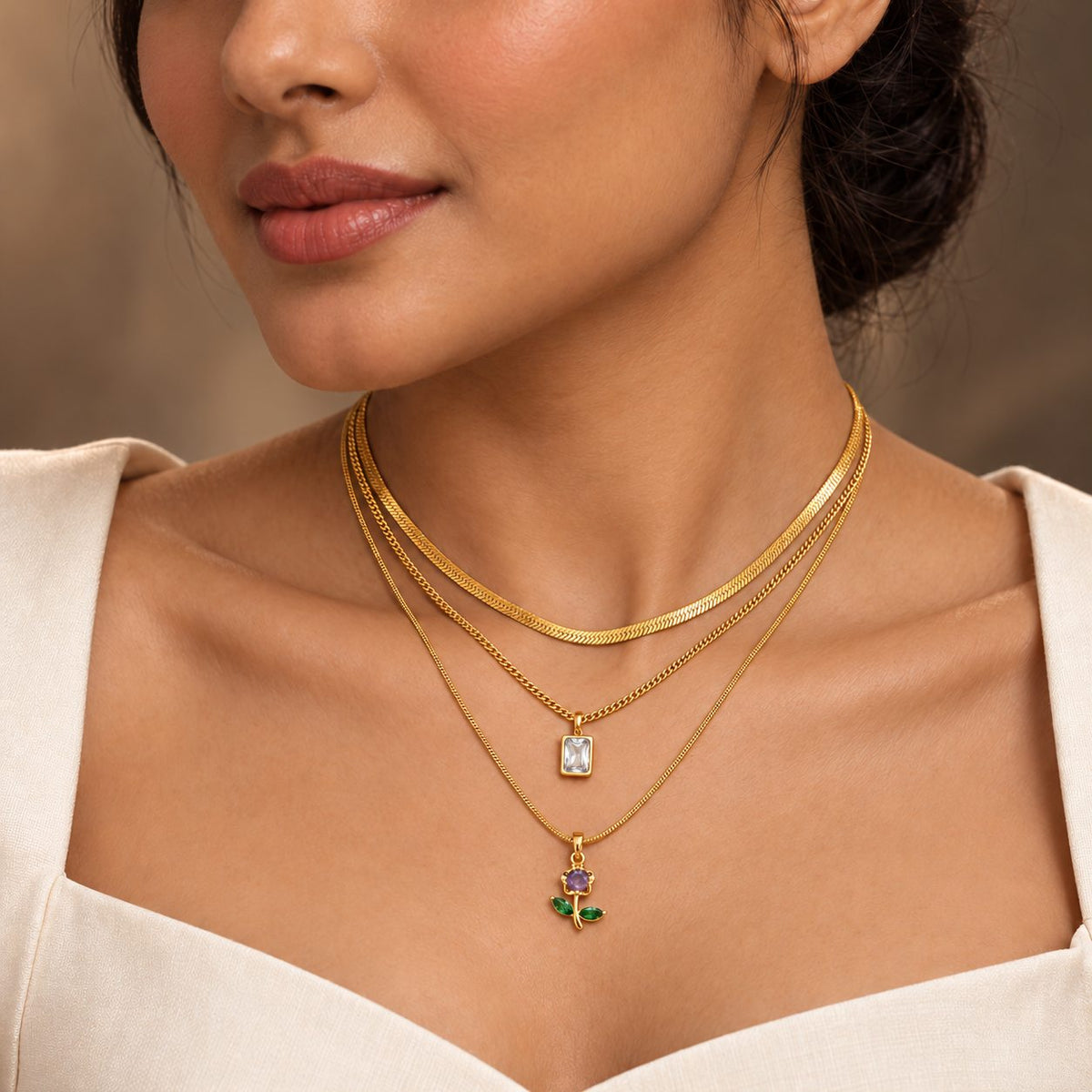 White Crystal Layered Necklace - Stacking